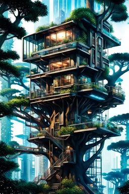 Dibujo arquitectónico de una casa del árbol cyberpunk, hiperdetallada, calidad ultra, increíble obra de arte