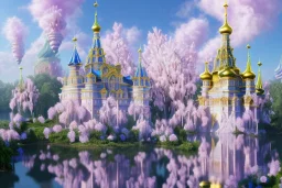 a magical crystal flower magnolias wisteria blue gold house russian palace castle in the woods, magnolias pink,blue lake,sun,white swanns,pink vertical, blue lake,sharp, vines, candlelit, endor, ornate, elegant, highly detailed, artstation, concept art, smooth, sharp focus, illustration, 8k, splash art, wallpaper, key visual