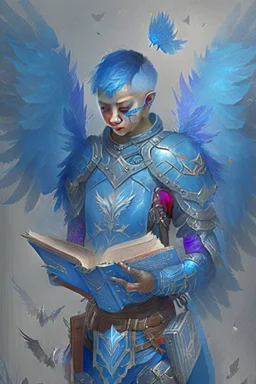 a person in runic armor with blue wings, blue short hair and spell book