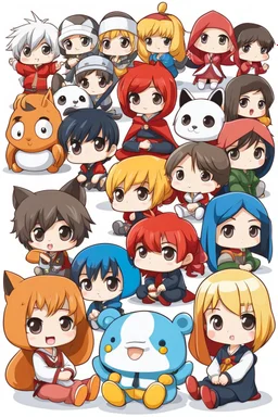 Adorable chibi anime caracters group sitting on White Background, cartoon mood