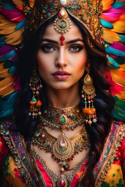 Gorgeous photography full body Beautiful super model Indiaan dressing Lady Angel colorful art conceptual, amazing artwork, hyper detailed, ultra maximalist quality, 12k , close-up portrait,crystal ornaments vbackground