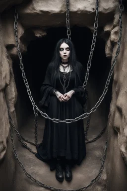 Closeup tall Girl goth with big eyes, fullbody, holding long chains, ragged and old clothes, the perspective looking up from the bottom of an empty well ,8k,macro photography,