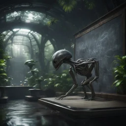 a lecture on blackboard of alien anatomy in dark lit reflective wet jungle metallic hall dome hotel tunnel, in the style of a fallout 4,bokeh like f/0.8, tilt-shift lens 8k, high detail, smooth render, down-light, unreal engine, prize winning