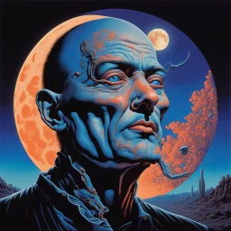 Profound portrait of a big-headed strange man who pulls a surreal zipper on the side of his face to peel the skin back revealing a moon underneath, nighttime background with a moon in the sky, surreal horror art, by Dali and Michael Whelan and Hiroya Oku, reactive UV blacklight colors, expansive background, palpable textures, Whelan's distinctive visceral style and detailed line work, rich sharp colors.