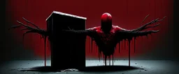 a faceless creature covered in blood holding up an empty black box