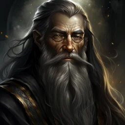 dnd, fantasy, wizard, portrait, face, close up, long beard, black hair, angular features, long, slender, old