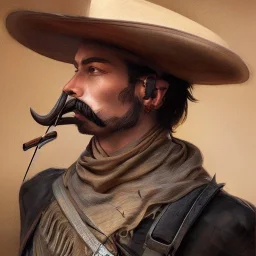 portrait,"Insanely detailed photograph of a male western mustachioed crossbowman", detailed charro and Sombrero, digital painting,eye patch, cigar, artstation, concept art, sharp focus, illustration, art by artgerm and greg rutkowski and alphonse mucha, 8 k,fantasy, unreal engine