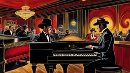 in a 1960s American jazz pub a man in hat and dark suit playing the piano in the foreground , next to the piano singing a beautiful elegantly woman in a red dress . The atmosphere is warm happy and intimate, with soft, golden lights casting a glow over the wooden tables and chairs. Guests in retro attire enjoy their drinks and cigarette smoke gently swirls in the air. The intricate details and sharp focus , photorealistic