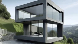 Un prisma rectangular de estuco gris oscuro con un gran vacío estructurado en la planta baja que permite ver el paisaje posterior, contrastando con un cubo de vidrio claro que emerge en voladizo en la esquina superior mostrando un mobiliario escueto.