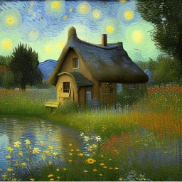 cottage , in the fields, Lake, airbrush, flowers by Van Gogh