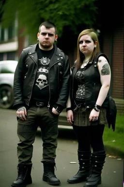 young 33 year old chubby tatood girl and a 25 years old boy, dressed in gothpunk clothing and boots,