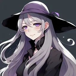 A woman, white skin, long white hair, bangs covering her right eye, left eye is purple. Wearing a black dress and a black top hat, Japanese anime style