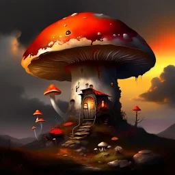 A rustic white, red and orange (((mushroom house))) perched atop a (tall geologic pillar), surrounded by a ((( rainbow haze ))), offset by the subtle hues of an (dark space scape), within. captured by the hand a skilled master painter with a focus on (hard bold compositions and voluminous lighting).detailed matte painting, deep color, fantastical, intricate detail, splash screen, exaggerated colors, fantasy concept art, 8k resolution