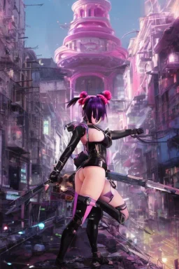 Detailed cute anime Kunoichi girl, purple hair buns, purple bangs, black latex bodysuit, intricate details, full body portrait, keep head in frame, slight smile, black Japanese motif, concept art, highly detailed, digital painting, concept art, sharp focus, illustration, art by Yoji Shinkawa, WLOP and greg rutkowski and alphonse mucha and artgerm and yanjun Chen and Junji ito and Makoto Shinkai, HDR, octane render