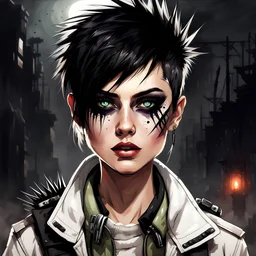 post-apocalyptic female scout, white jacket, short spiky black hair, spiky pixie haircut, dark eyeshadow, dark eyeliner, glowing eyes