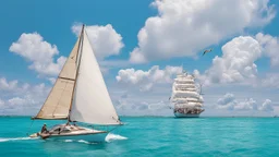 A small, brightly colored sailboat with a billowing white sail cuts through a turquoise ocean. The wind fills the sail, causing the boat to lean slightly. In the distance, fluffy white clouds drift across a clear blue sky. One majestic brown pelican with a large pouch full of water flies gracefully above the boat. The image evokes a sense of calm adventure, the refreshing scent of the ocean breeze, and the abundant wildlife. The style is as if a 5 year old did it with paint.