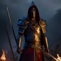 warrior in the blood walking into the flame of war, cinematic, HDR, highly detailed, mask cover whole face and hood, scull mask, ProPhoto RGB, Half rear Lighting, nsane details, intricate details, 32k, Super-Resolution, DOF, Color Grading, Depth of Field, ghost, messenger of death, non photorealistic rendering