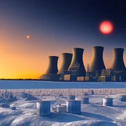 a sci-fi image of a nuclear power plant in winter at sunset with planets seen at the sky