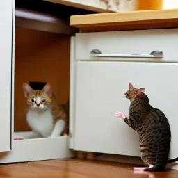 cat finds mouse under cupboard