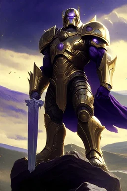 Thanos, the commander of the army of aliens and the king of the entire galaxy, is ready to go on a campaign with his two large swords, his very beautiful and impenetrable armor with his golden helmet, standing on top of a hill with his sword with infinity gauntlet