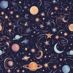 Create a seamless repeating pattern of celestial elements, such as stars, moons, and galaxies, in dreamy, cosmic colors, --tile