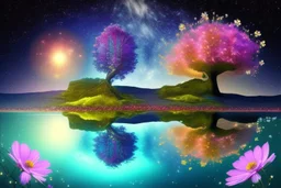 tree near the flowers, water reflection, galaxy, cosmos, science fiction