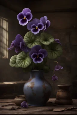 Small vase housing a collection of oversized violets, each pedal flawlessly captured despite the subtly imperfect vase, set against the backdrop of a decaying hut, conjuring a dreamy yet humble atmosphere, encaustic art style, with a focus on the wonders of imperfection, fine details elevated to masterpiece status as seen trending on ArtStation, captured in 8k resolution, the realism and vivid colors brought to life with UHD drawing techniques, inked meticulously, the composition