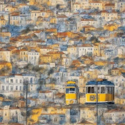 lisbon city view with famous yellow tram made from portuguese azulejos tiles, pattern, mix media