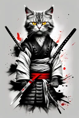 samurai-cat, katana on belt, yellow eyes, black and white picture, black and red smudges --v 4