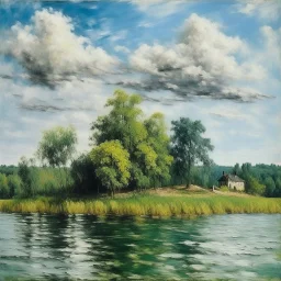 A blackish teal island near a seaside painted by Alfred Sisley