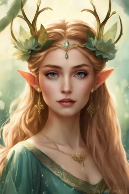 Pointed elven ears,Blonde hair ,Pink dress,Sparkling fairy wings,Very long golden hair,Fairy crown,pointed ears,elven ears,fairy wings,water lilies,sparkling,glittering,flowers,blossoms,golden crown,light pink dress