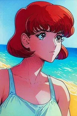 1girl, retro anime, 80's, redhead,portrait, synth-wave colors, beach