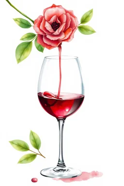 A glass of red wines , one flower painting in watercolor style. trasparent background