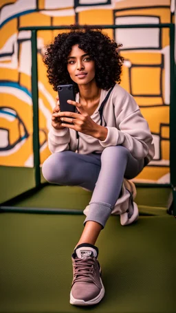 A realistic selfie-style self-portrait of a confident influencer aged arab18-37 in an urban setting, dressed in trendy sportswear or beachwear to showcase her slender figure. Her creative curly black hair shines under softbox lighting accentuating her flawless skin. The vintage camera shot with a macro lens introduces a charming bokeh effect. Every detail, from her complexion to body contour, is outlined for a high-quality image –ar 4:5 –testp –upbeta –octane.