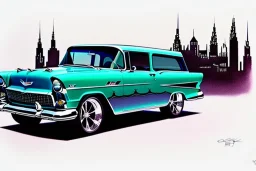 a true-to-life 1955 chevrolet nomad, classic wheels, centered, intricate, extreme detailed, photorealism, center view, city background, pivot on chevrolet, pen and color marker painting by cheryl kelley