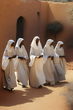 7 suore africane con tunica grigia giornata di sole precipizio fuori città , terra rossa