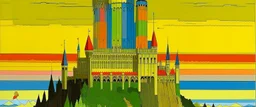 A rainbow empire with a giant castle painted by John Brack