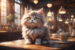 cute fluffy cat in a coffeehouse in sunshine Weight:1 detailed matte painting, deep color, fantastical, intricate detail, splash screen, complementary colors, fantasy concept art, 8k resolution trending on Artstation Unreal Engine 5 Weight:0.9