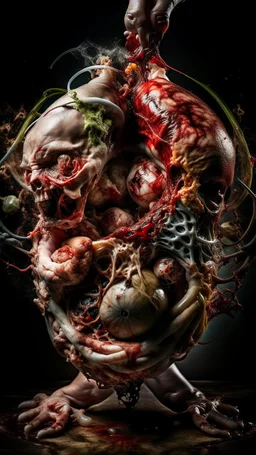 cinematic gore Bosch vs Dali style photorealistic photo of a mangled embryonic body wrestling itself in a fleshy vortex vortex, of anatomically fragmented, ripped apart again being flayed, skinned alive beating heart, muscles, blood vessels, bowels, entrails, capillaries, oozing puss are exposed. Visceral anatomy. physiology. Their face and body opens with a zipper. Bosch and Dali inspired hallucinations. mythology. grotesque.