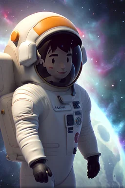 A small falling cartoon astronaut floating in space over a dim background with lots of distant stars and galaxies and quasars and nebulas. Realistic textures and grains. Render in HD 8K quality. High quality textures and details.