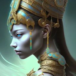 Sango fantasy, fantasy magic, intricate, sharp focus, illustration, highly detailed, digital painting, concept art, matte, art germ and Paul Lewin and Kehinde Wiley, masterpiece Mayan princess dancer head bronze feather's' Asian Latin girl nice breast brown Thai hair turquoise silver blue sky