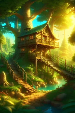 Create a detailed, vibrant image of a serene forest environment featuring a quaint, small tree house nestled among the trees. The scene should be alive with colors and crystal clear in resolution. Include a variety of animals such as a rabbit, a sheep, a cat, and a dog, all coexisting peacefully near the tree house. The setting should evoke a sense of tranquility and harmony with nature