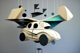 flying car sculpture hangin from ceing in white gallery in the style of Eileen Agar