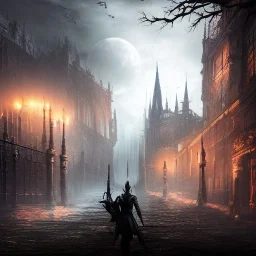 hyper realistic Bloodborne cityscape at night