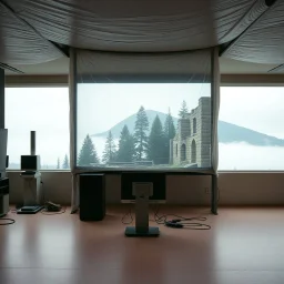 A Hasselblad H6D-400c photo of an odd room with structures and a large computer screen. A transparent tarpaulin covers an image resembling a ruined building. There is a group of fir trees in the background and a high hill in the distance. The surface below is in a pastel color. Fog is present.