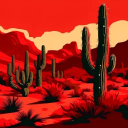A dark red desert with sizzling cacti in Expressionism art style
