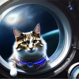 hyper-realistic spaceship interior with a cat looking at a floating astronaut, milkyway view through porthole behind them, 8k resolution, high-quality, fine-detail, detailed matte, intricate, 3D octane render, illustration, digital art, brian froud, howard lyon, anna dittman, greg rutowski,