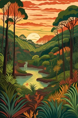 paisaje frondoso con barrancas y río, atardecer y vegetación se reflejan en el tio al estilo frida kahlo