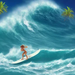 1980's aesthetic vaporwave surf board on waves with palm trees