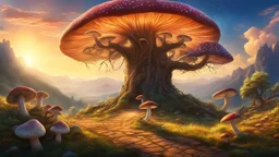 A dreamy landscape with mushrooms and a old, huge tree in the center. Fantasy roads of light going towards the tree. The sun is going down behind the tree. Mountains in the background. Digital Art, Masterpiece. Fantasy. Dream. Dreamy. Surreal.